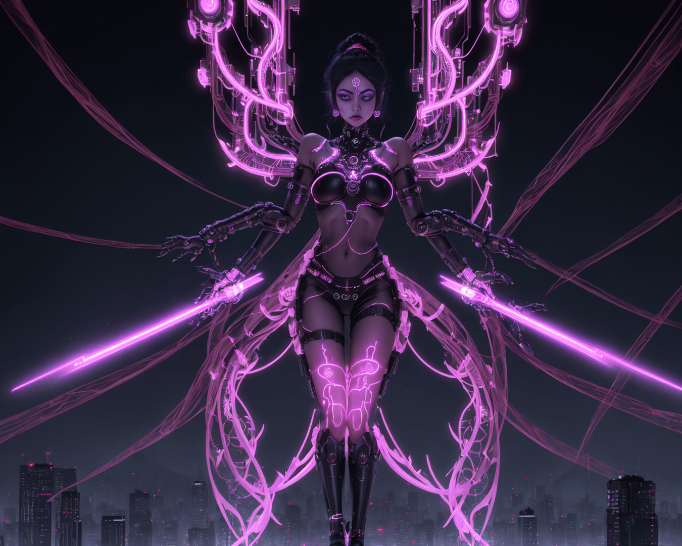 AI generated wallpaper featuring cyborg, femme, angel