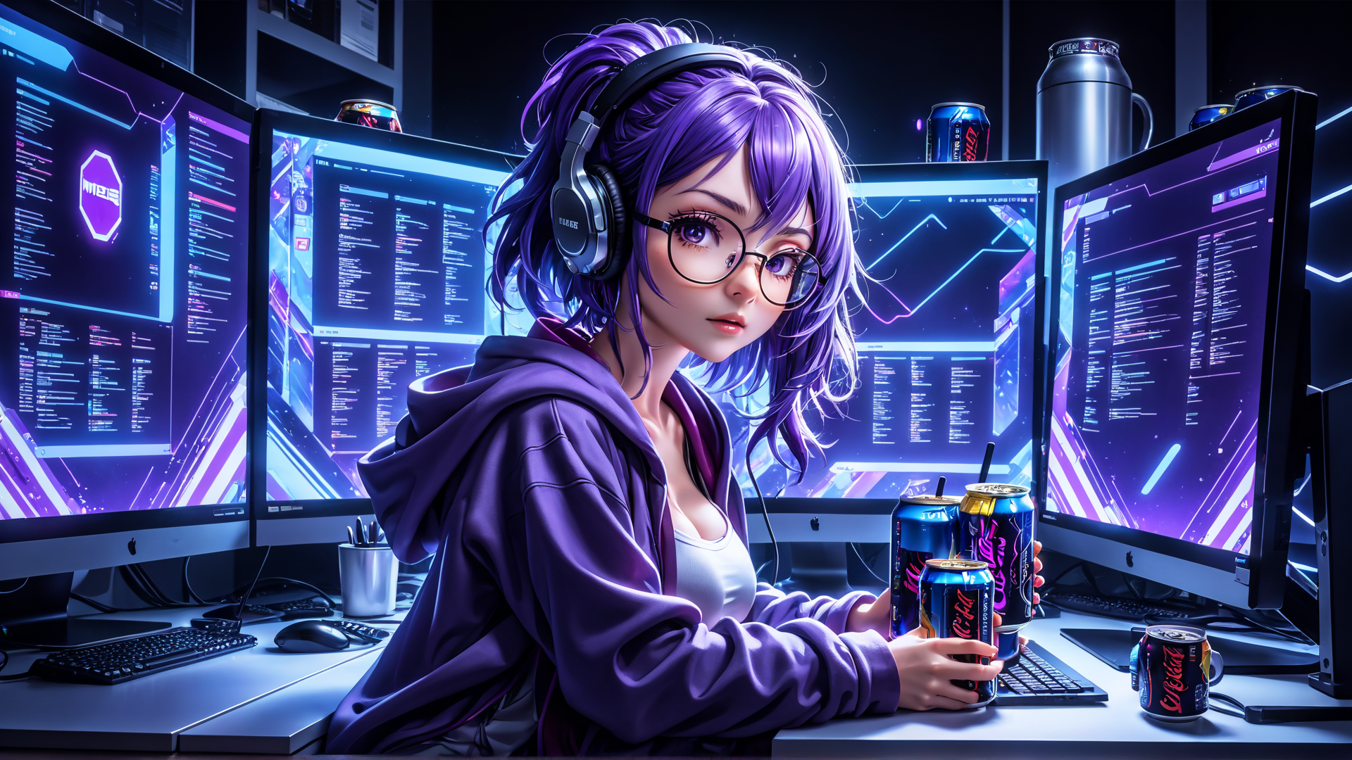 AI generated wallpaper featuring girl, computer, headphones, monitor, can, keyboard, mouse, glasses, hoodie, workspace