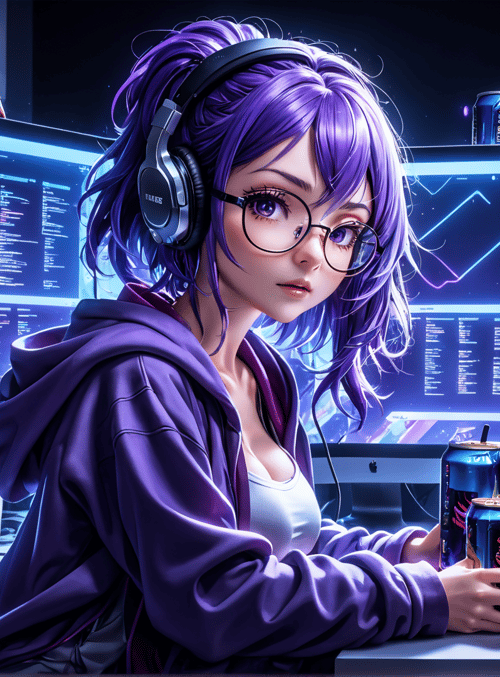 girl, computer, headphones, monitor, can, keyboard, mouse, glasses, hoodie, workspace