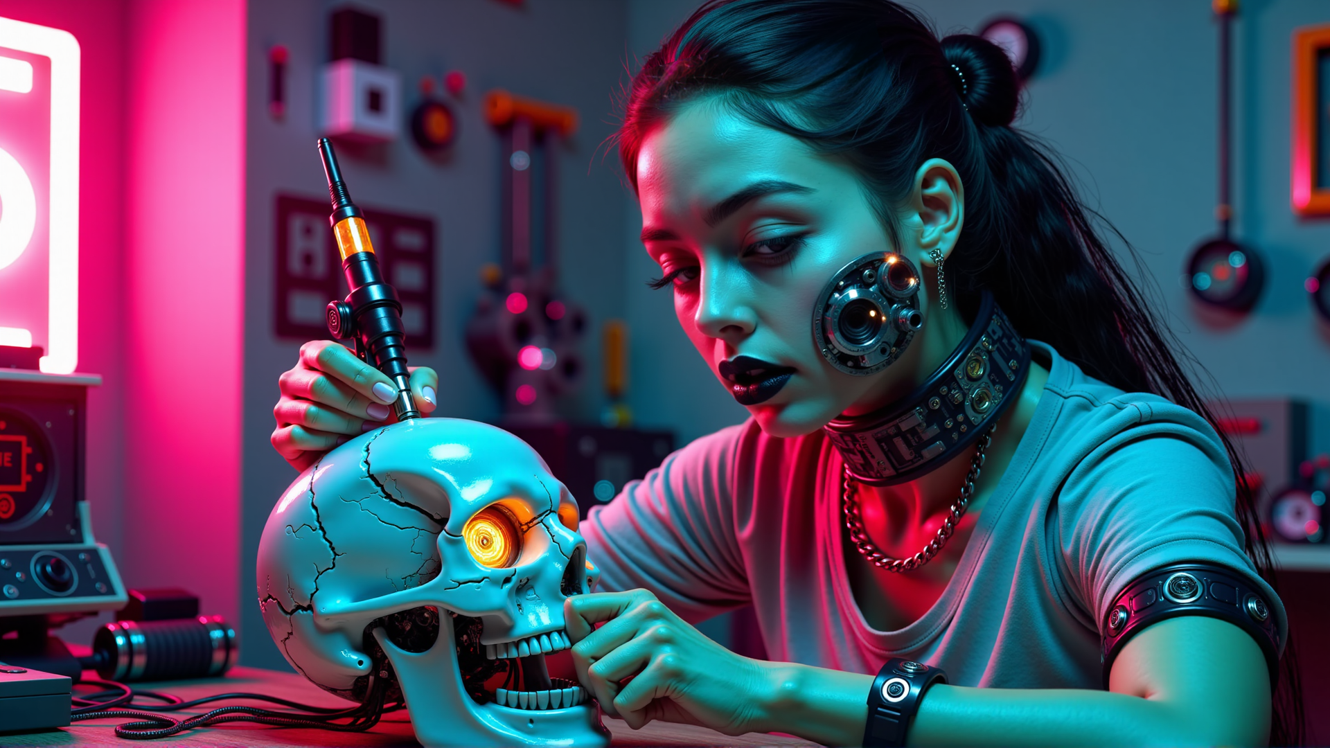 AI generated wallpaper featuring cyborg, skull, neon