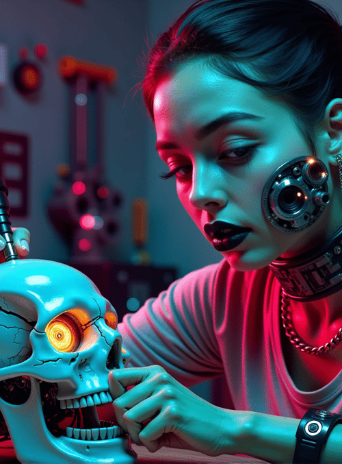 cyborg, skull, neon