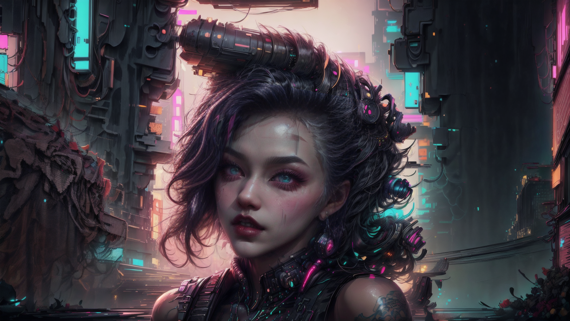 AI generated wallpaper featuring cyborg, woman, neon