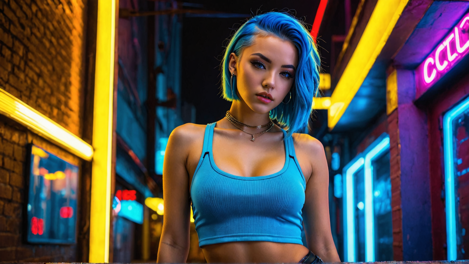 AI generated wallpaper featuring woman, neon, alley, city, neon lights