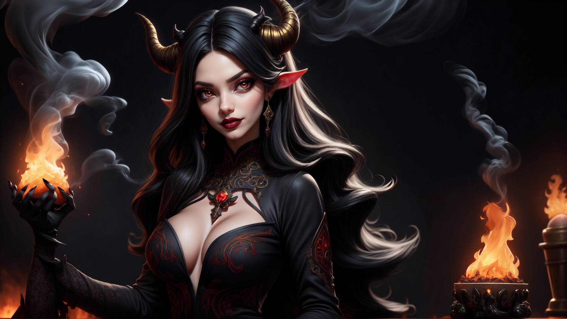 AI generated wallpaper featuring devil, woman, horn, elf, fire, smoke