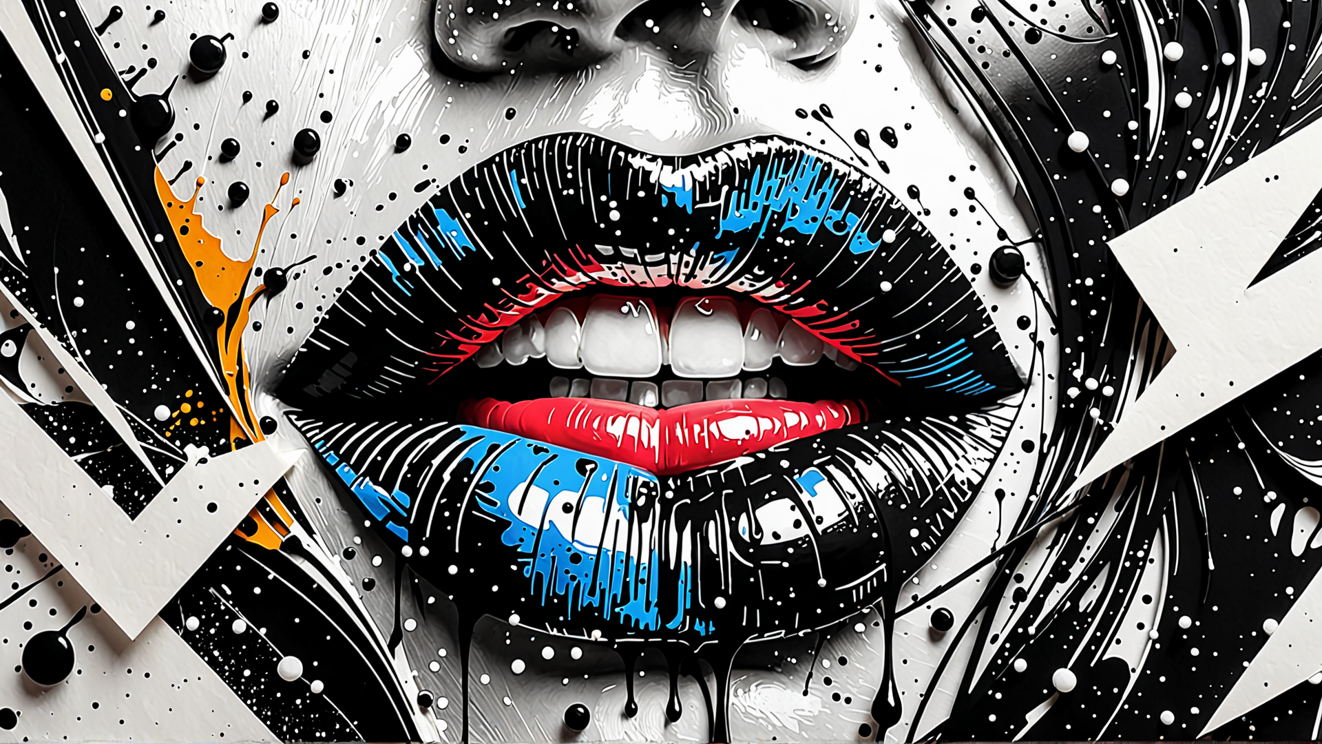 AI generated wallpaper featuring lips, face, painting, artwork, splotches, splatters, geometric, dots, nose, mouth