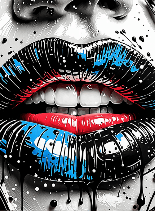 lips, face, painting, artwork, splotches, splatters, geometric, dots, nose, mouth