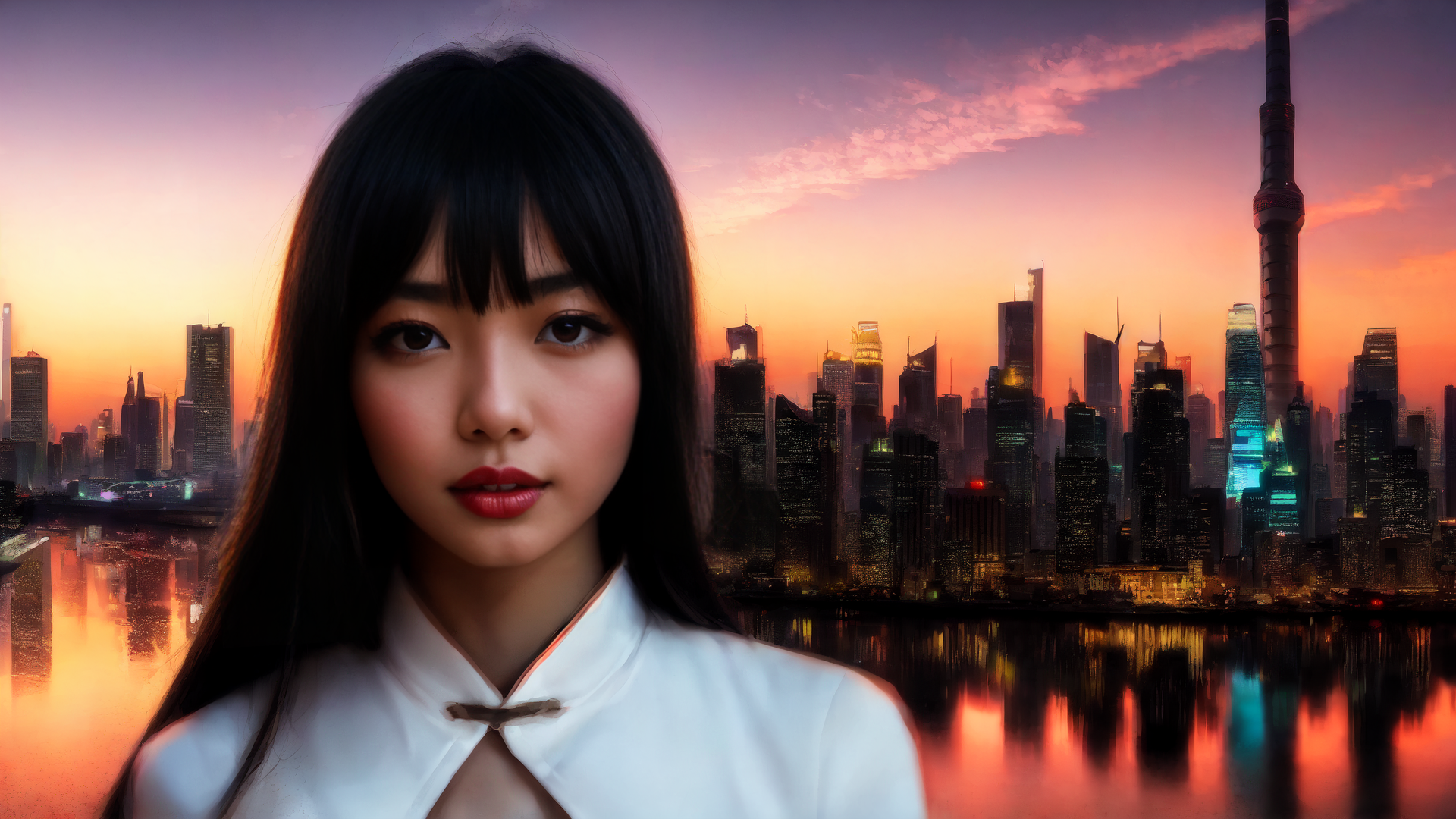 AI generated wallpaper featuring woman, cityscape, skyline