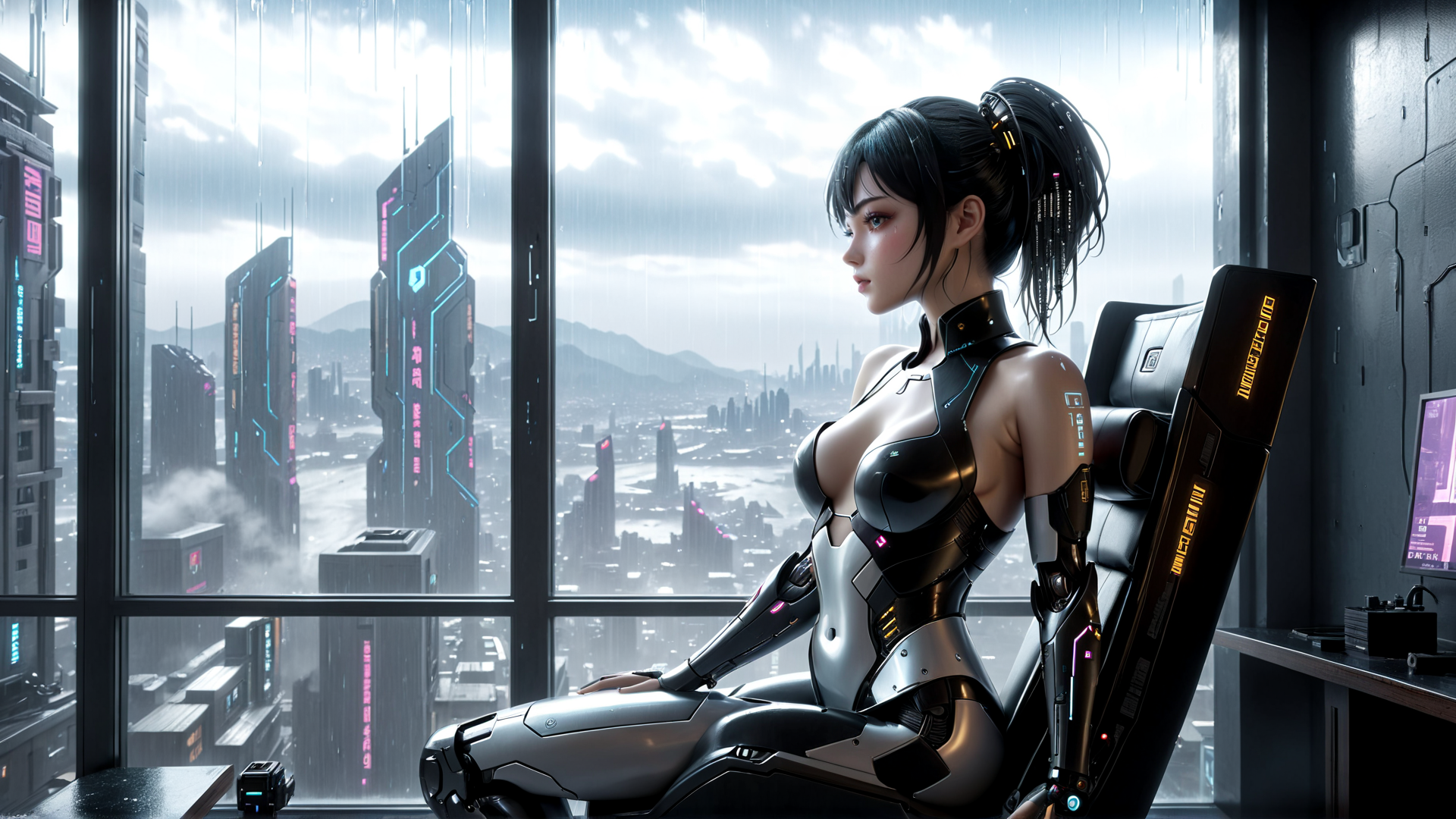 AI generated wallpaper featuring cyborg, woman, chair