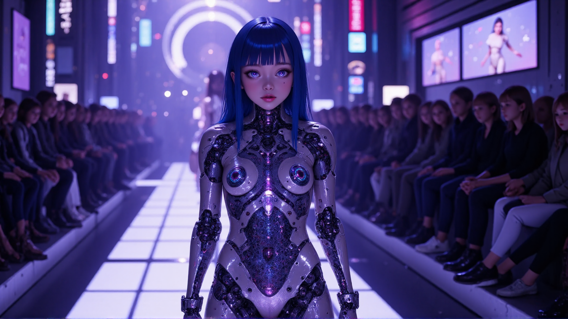 AI generated wallpaper featuring robot, fashion, audience, cityscape, neon