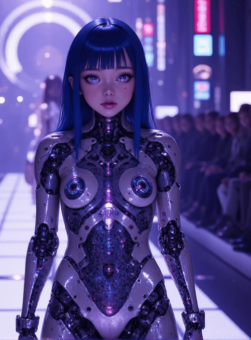 robot, fashion, audience, cityscape, neon