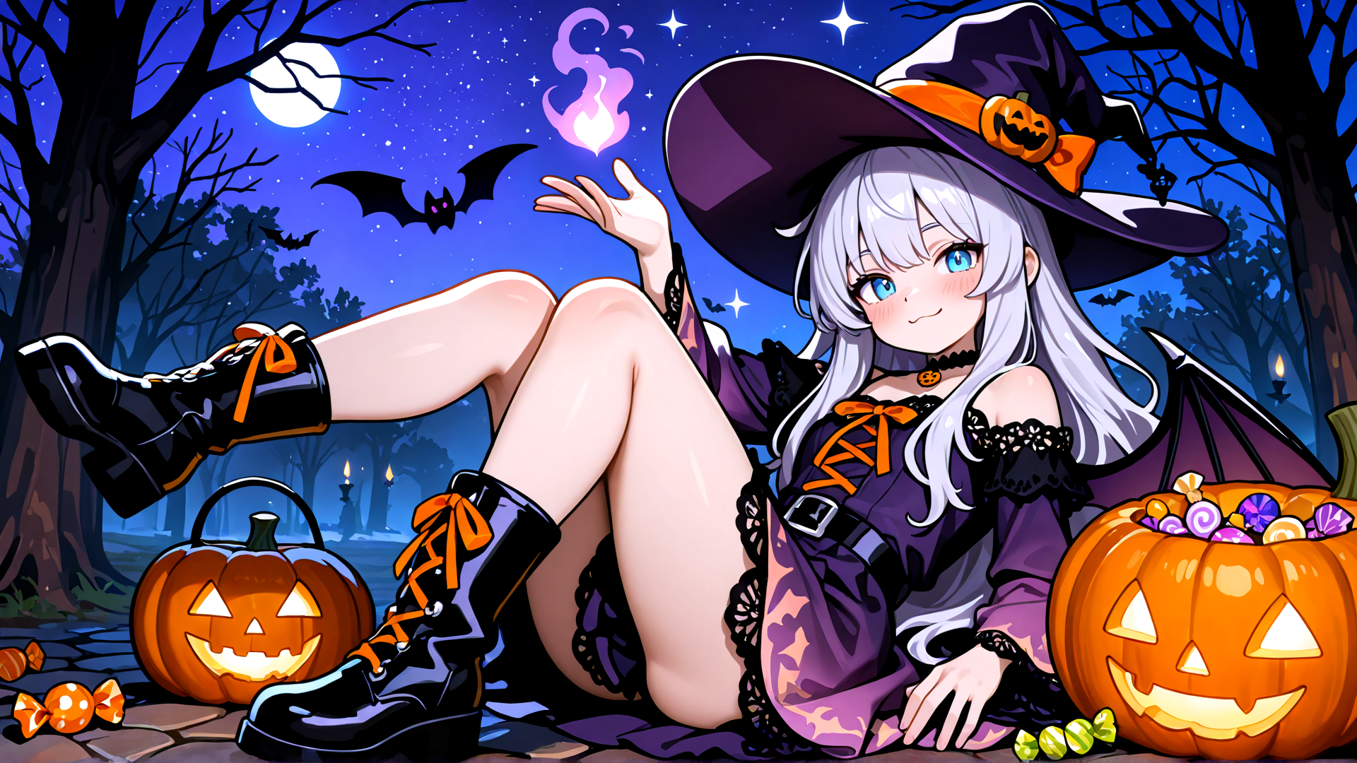 AI generated wallpaper featuring witch, pumpkin, bat, moon, candy, tree, girl, hat, boot, candle