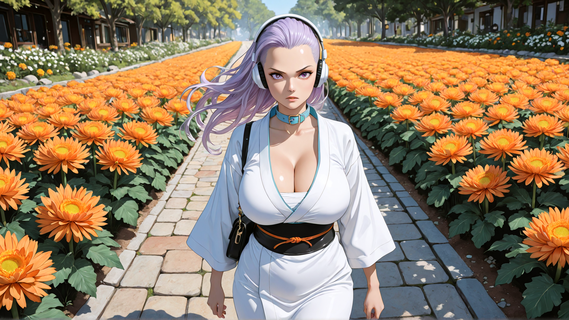AI generated wallpaper featuring woman, flowers, street, headphones, belt, bag, trees, houses