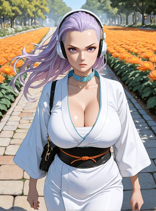 woman, flowers, street, headphones, belt, bag, trees, houses