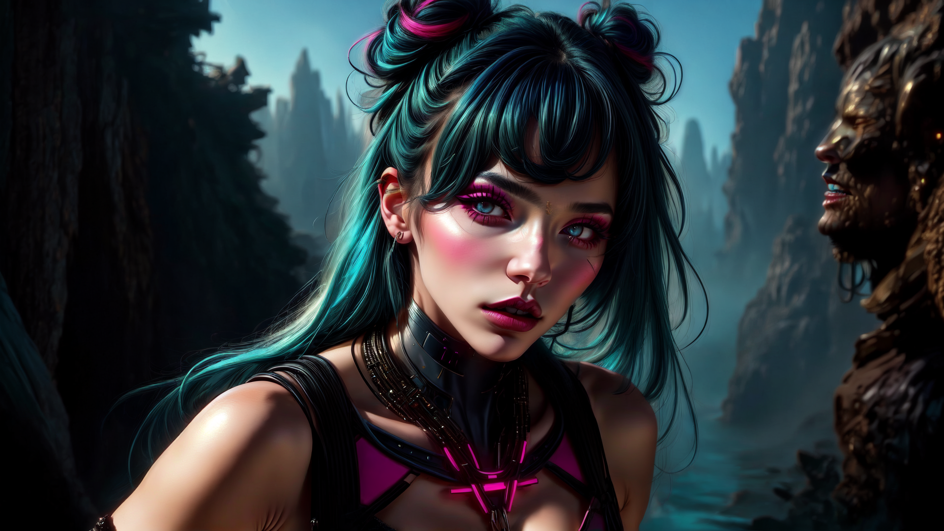 AI generated wallpaper featuring woman, hair, statue, cityscape, neon