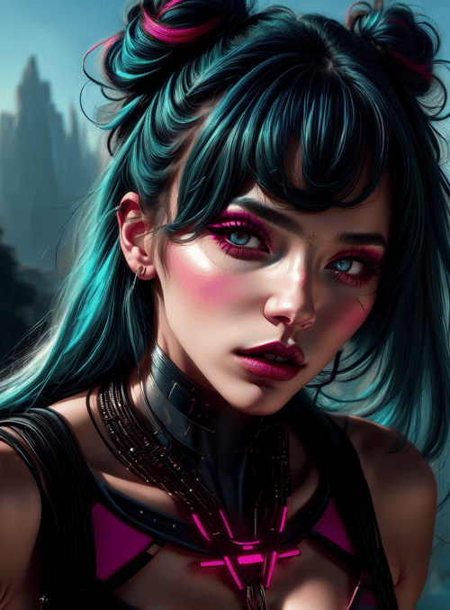 woman, hair, statue, cityscape, neon