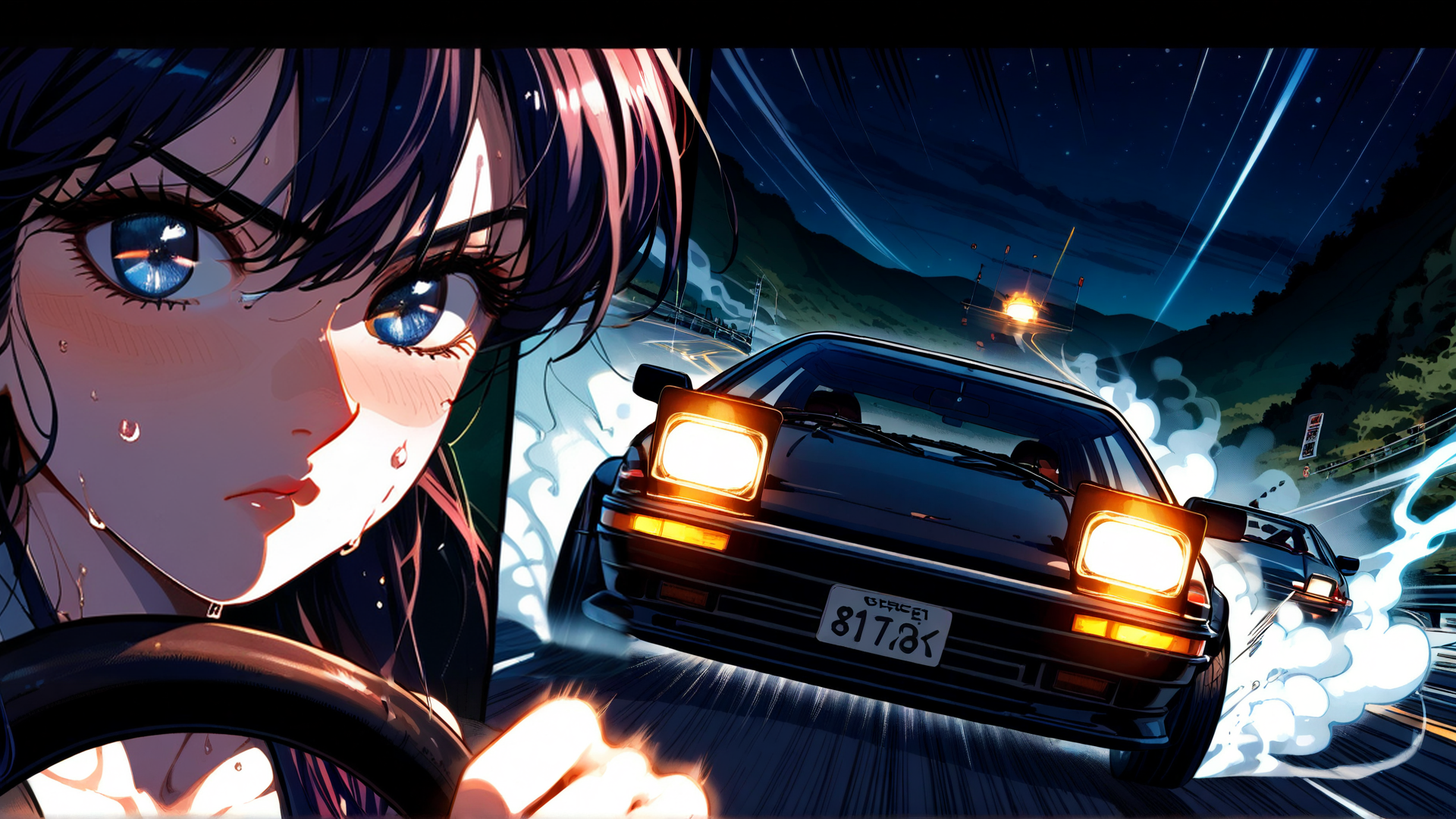 AI generated wallpaper featuring girl, car, road, night, sky, mountain, smoke
