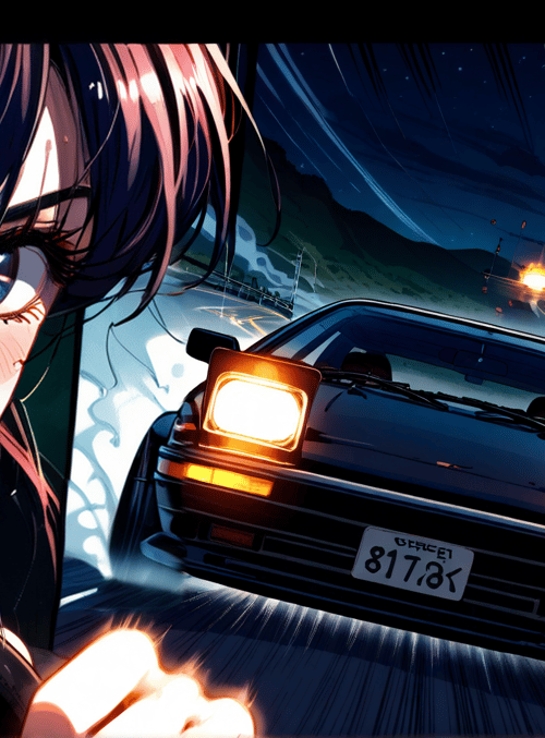 girl, car, road, night, sky, mountain, smoke