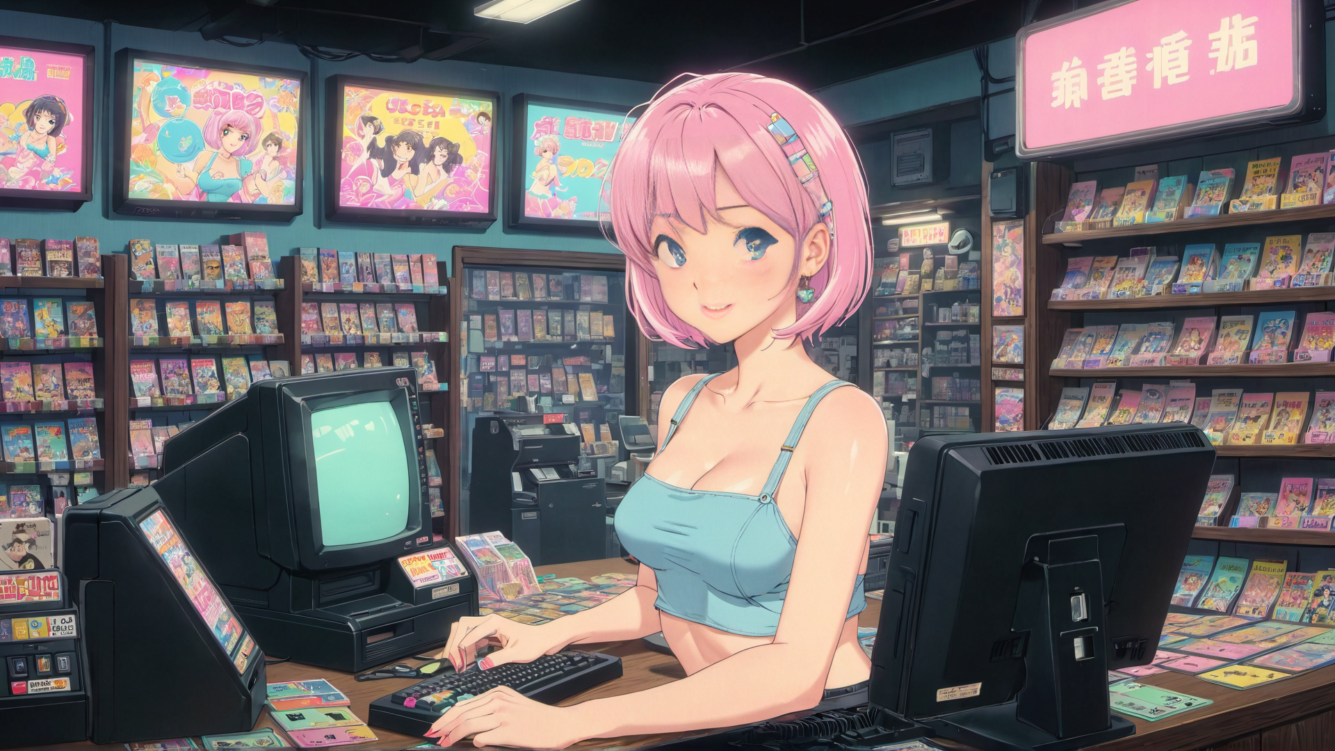 AI generated wallpaper featuring anime girl, manga store, computer