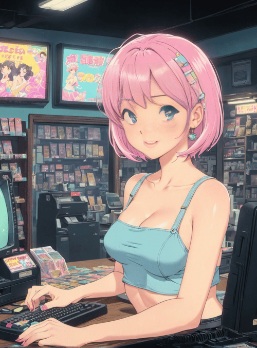 anime girl, manga store, computer