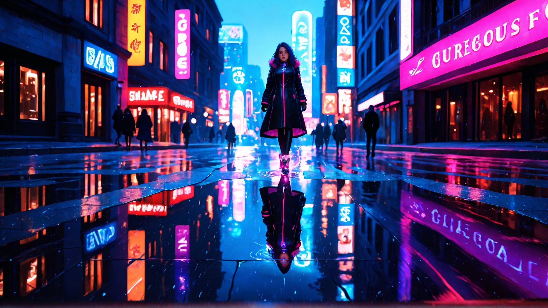 AI generated wallpaper featuring woman, city, neon