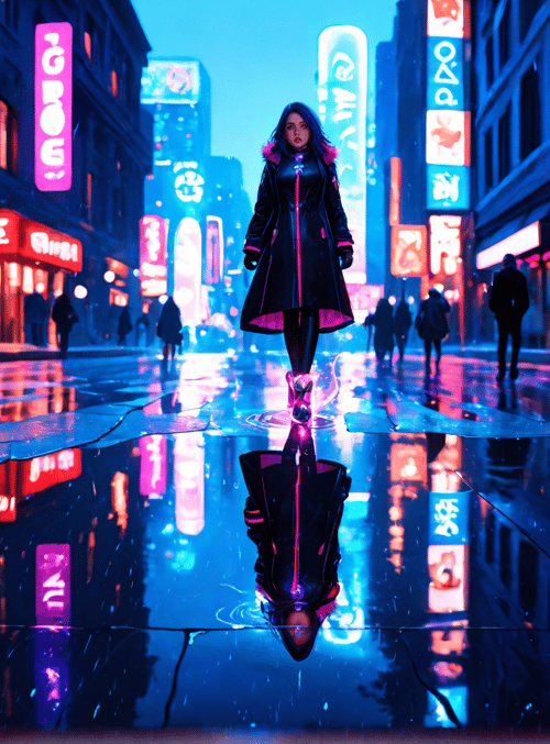 woman, city, neon