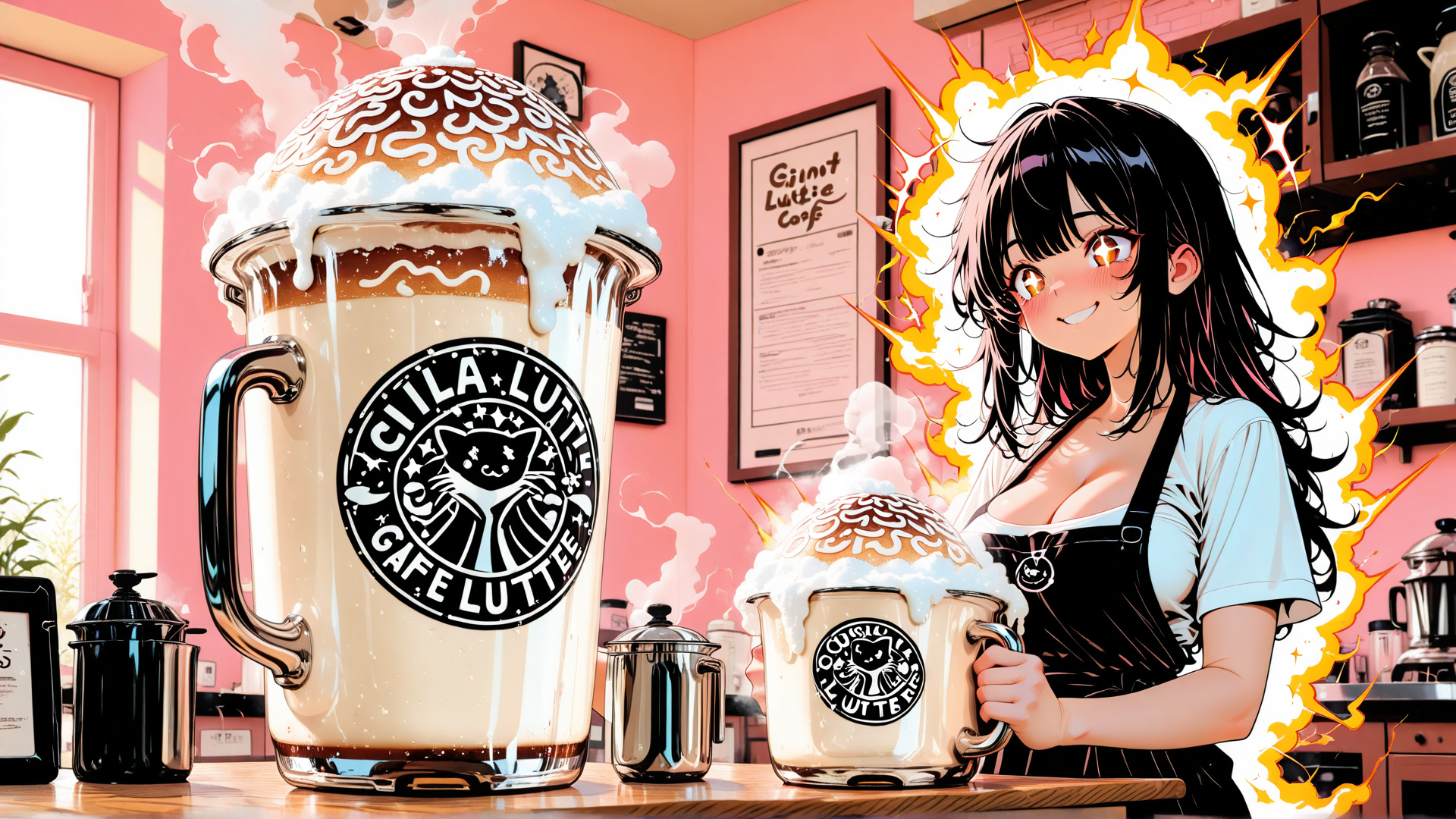 AI generated wallpaper featuring coffee, cafe, girl, mug, cat, sign, apron, foam, window, kettle