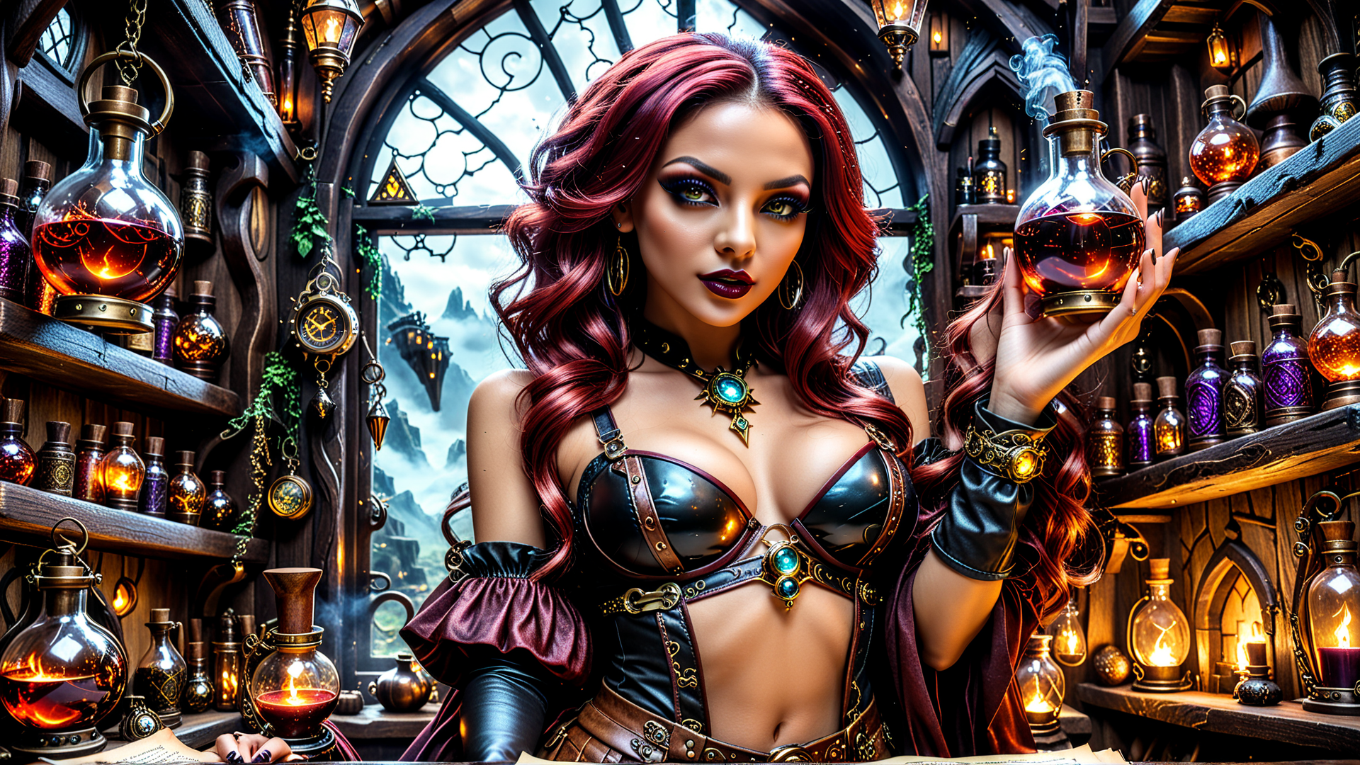 AI generated wallpaper featuring woman, alchemist, potions, bottle, clock, shelves, gloves, cape, lamps, books