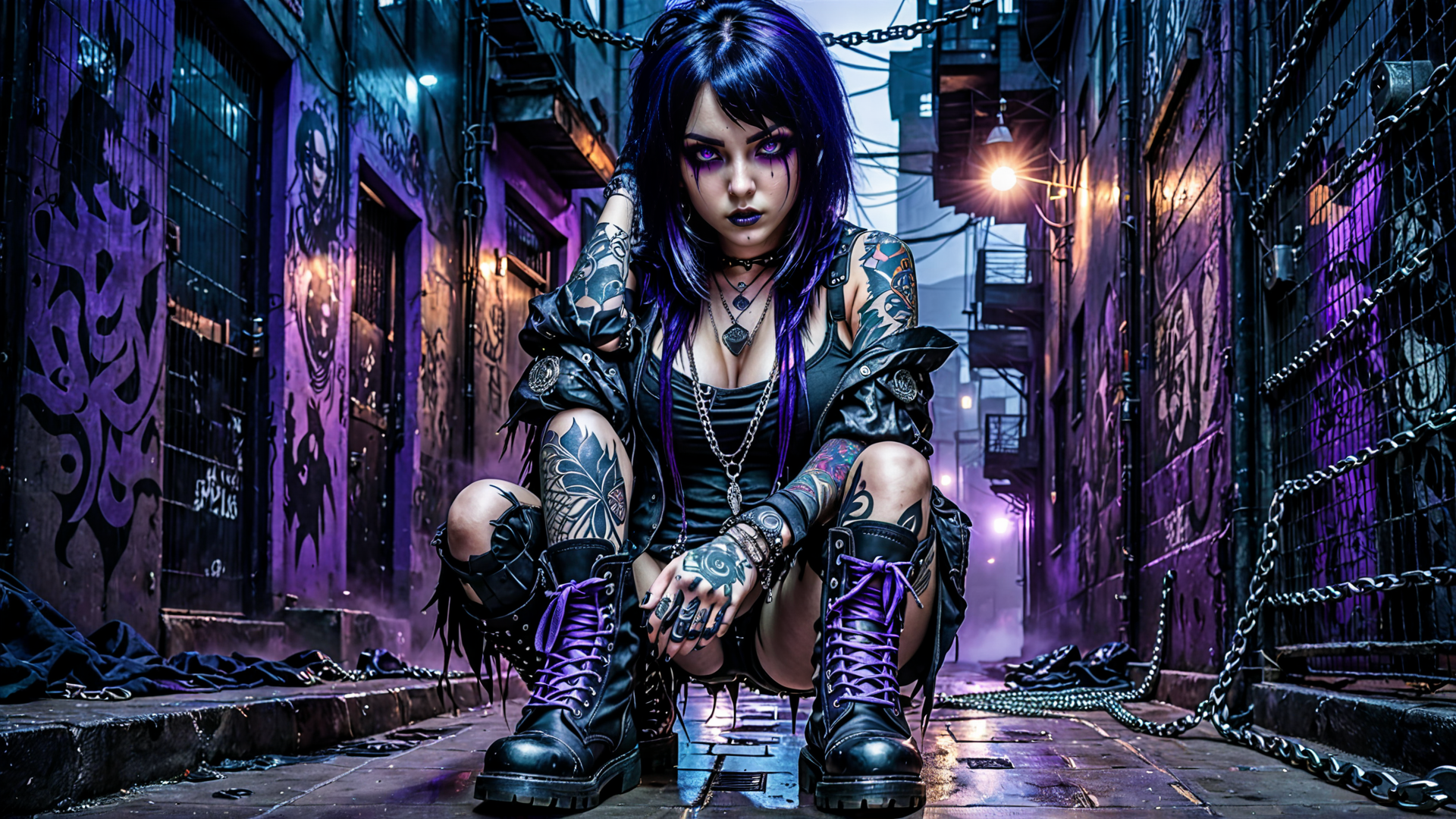 AI generated wallpaper featuring woman, tattoo, street
