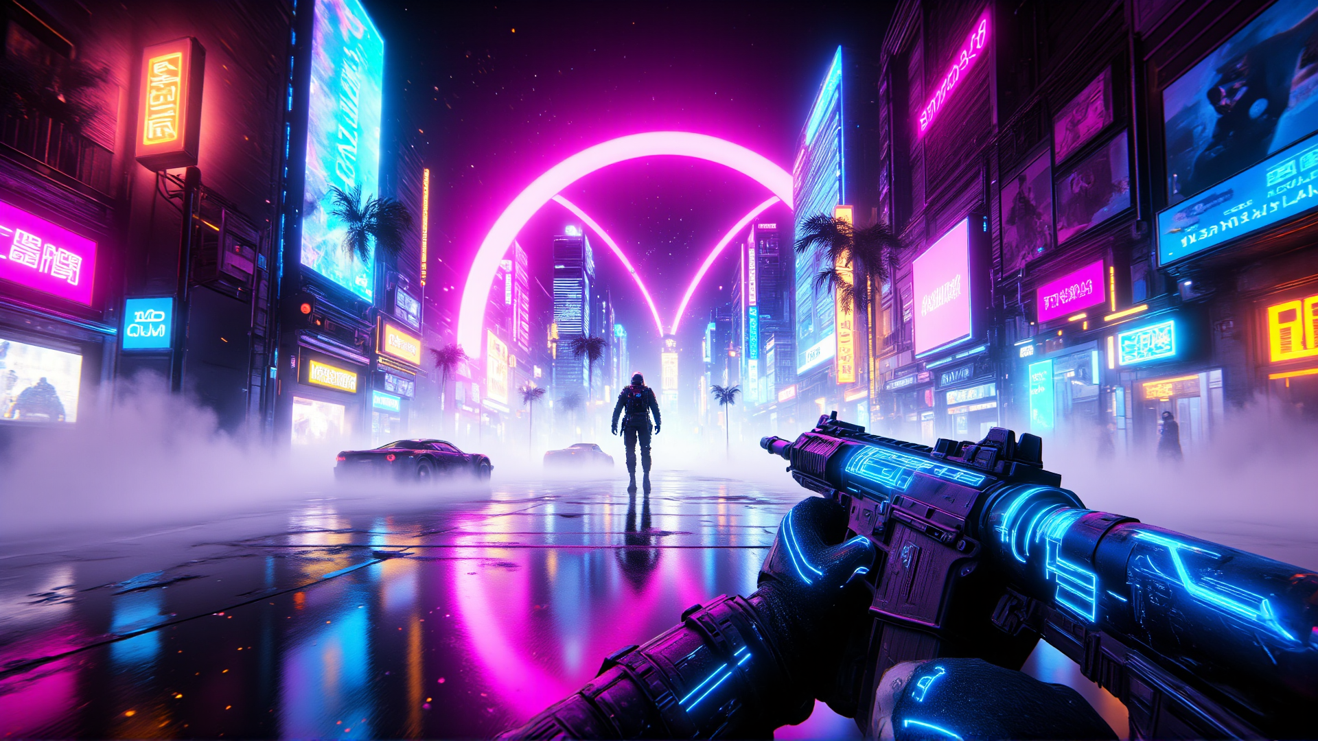 AI generated wallpaper featuring gun, city, person