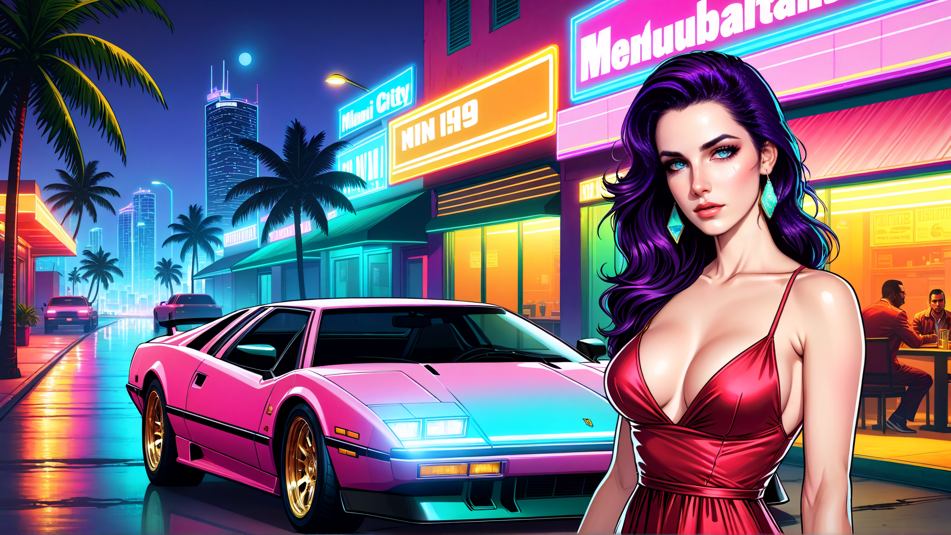 AI generated wallpaper featuring woman, car, neon, city, palm tree