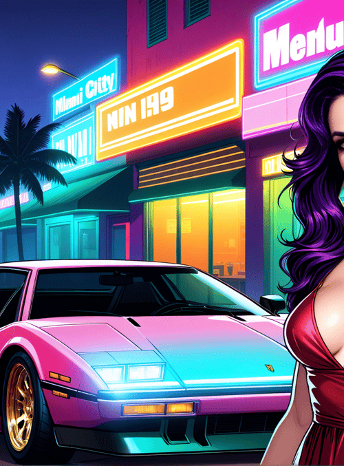 woman, car, neon, city, palm tree
