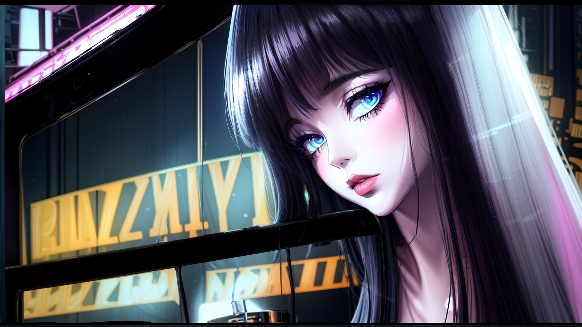 AI generated wallpaper featuring girl, piano, neon