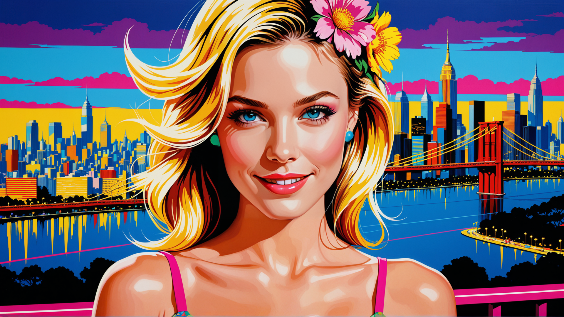 AI generated wallpaper featuring woman, flowers, cityscape, bridge, buildings
