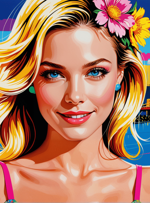 woman, flowers, cityscape, bridge, buildings