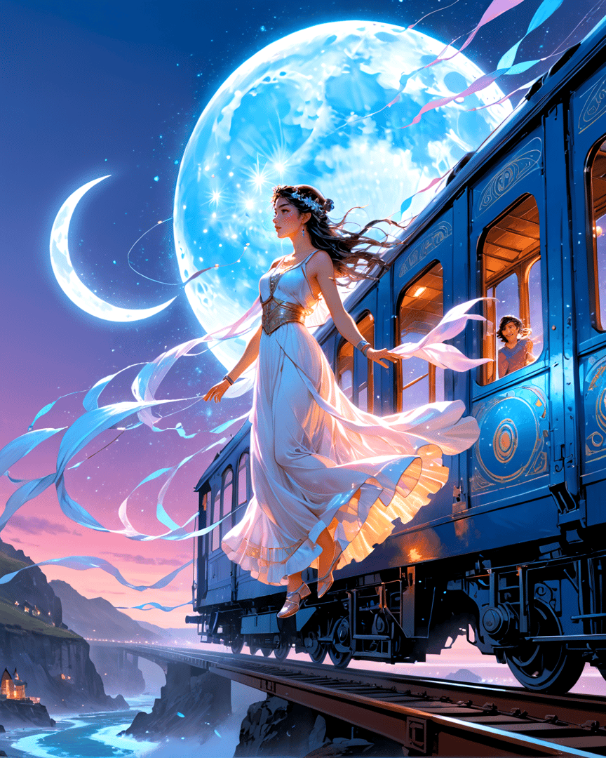 AI generated wallpaper featuring woman, train, moon, ribbon, girl