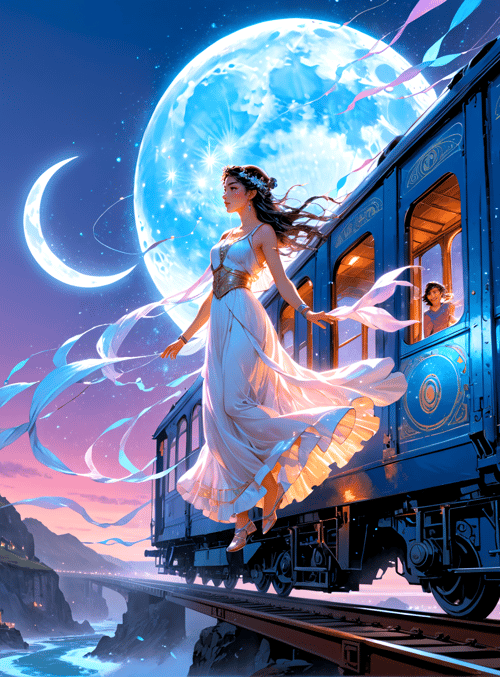 woman, train, moon, ribbon, girl