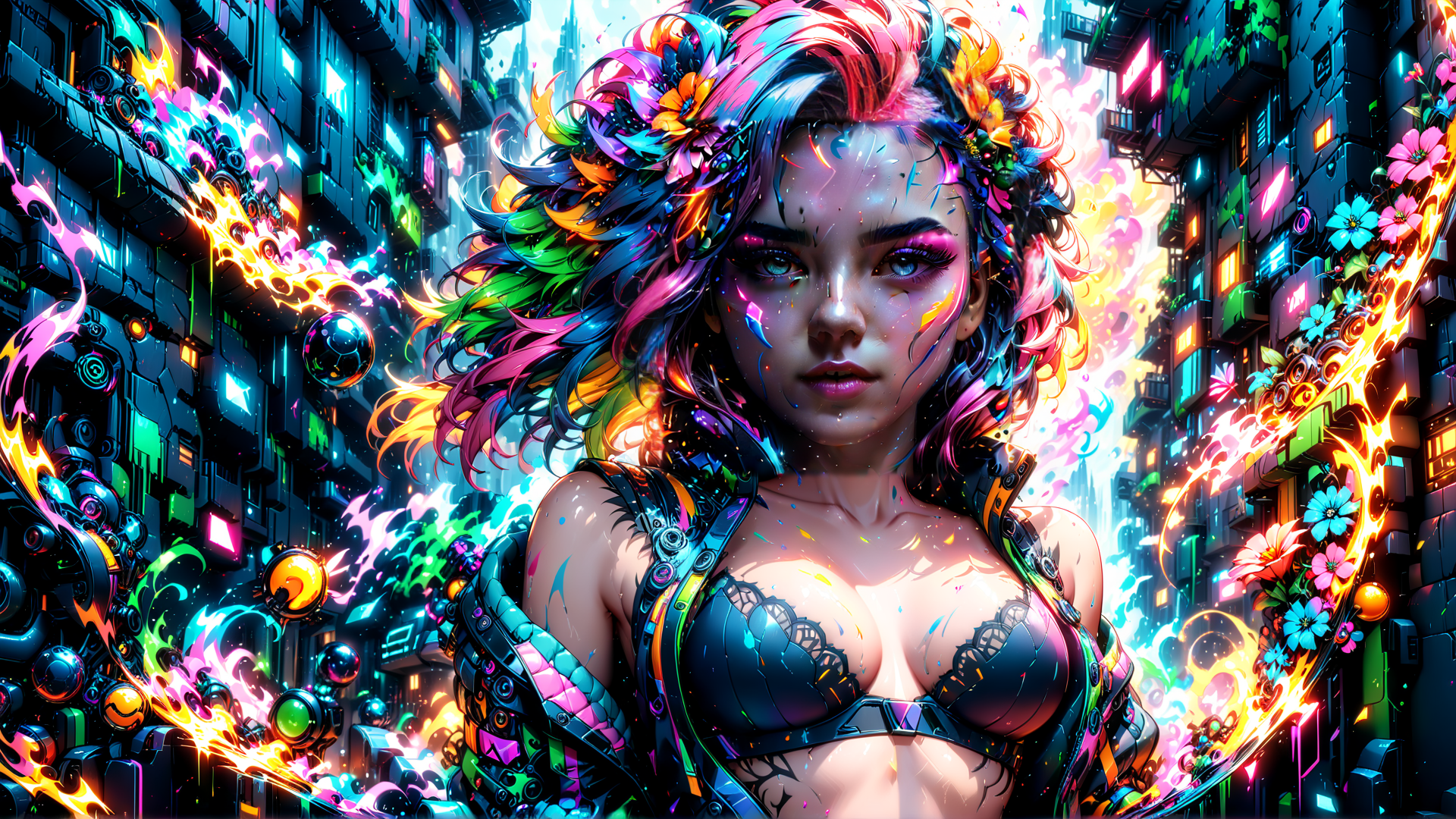 AI generated wallpaper featuring woman, neon, cyberpunk