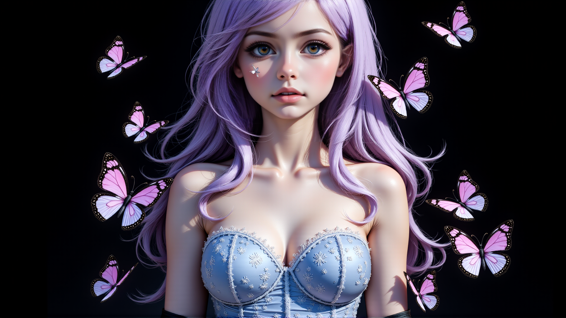 AI generated wallpaper featuring woman, butterflies, dress