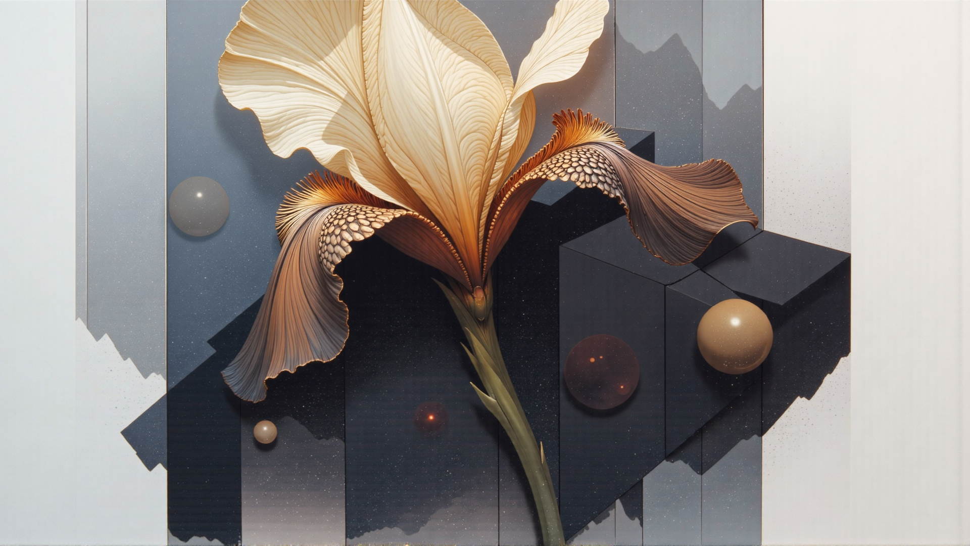 AI generated wallpaper featuring iris, flower, cube, sphere