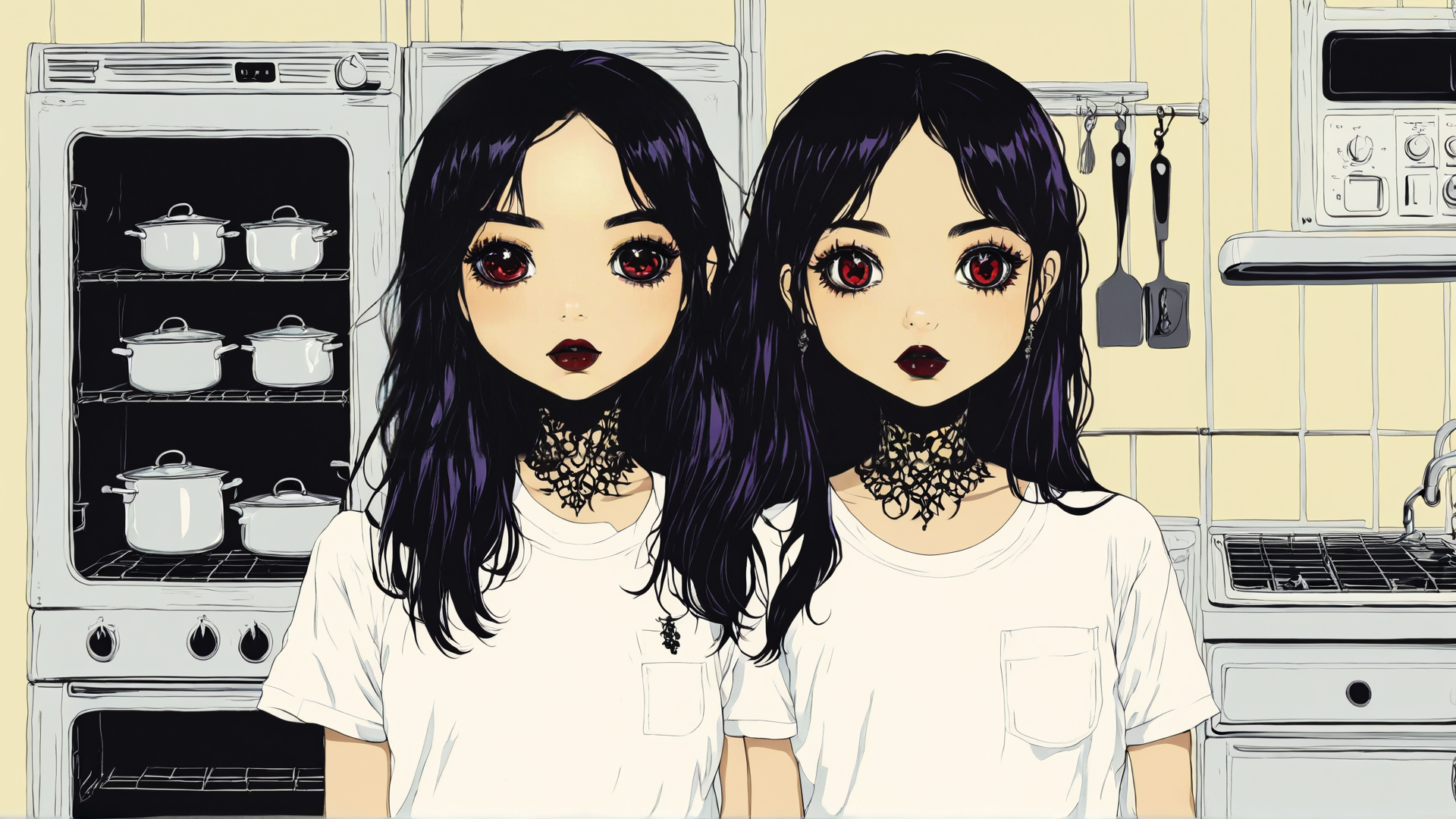 AI generated wallpaper featuring twin, girl, kitchen