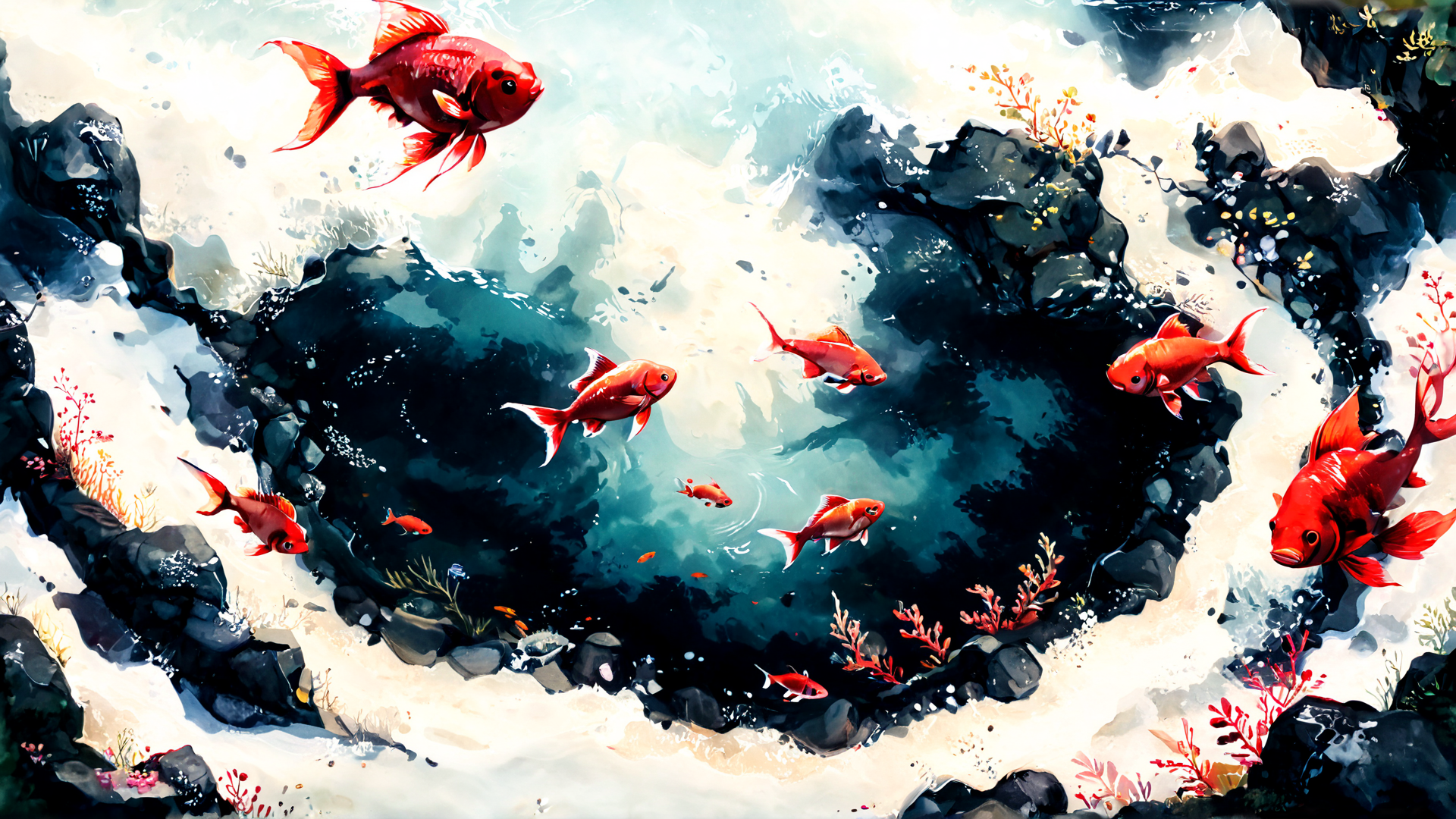 AI generated wallpaper featuring fish, rock, coral