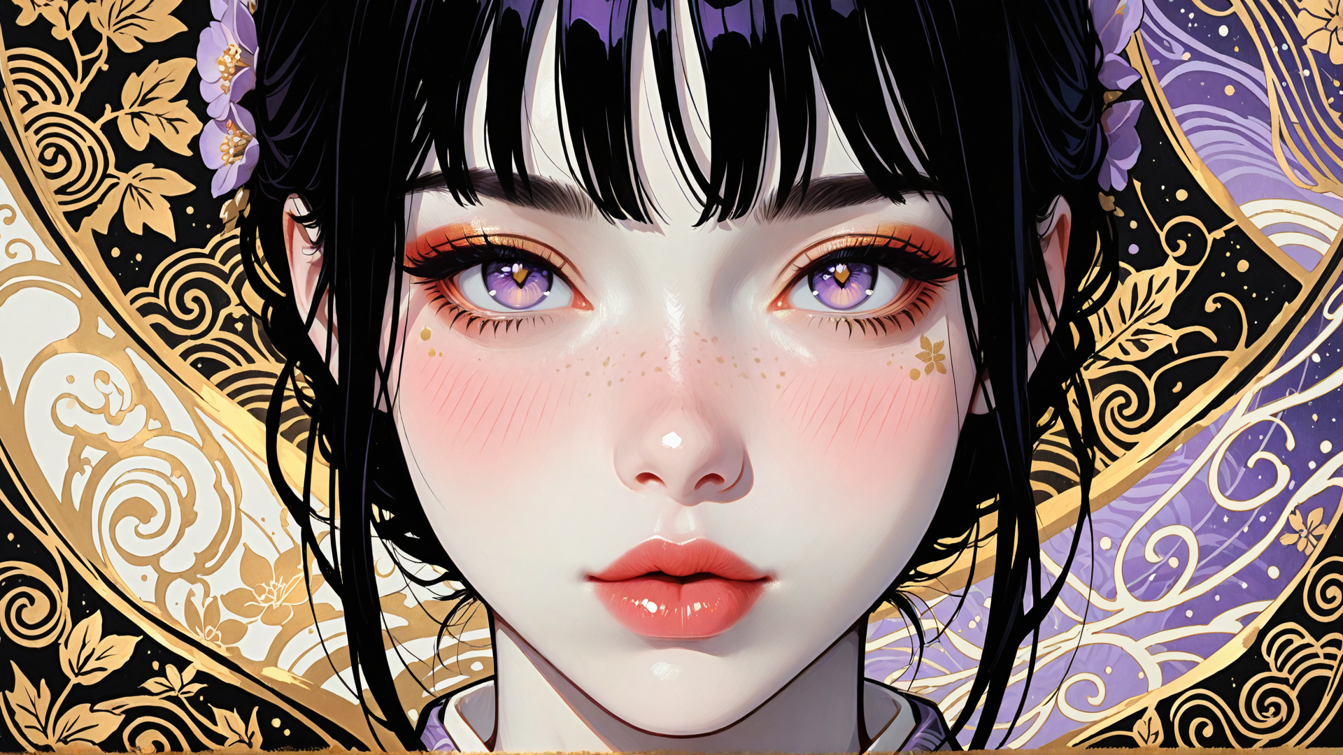 AI generated wallpaper featuring girl, woman, face, hair, eyes, flowers