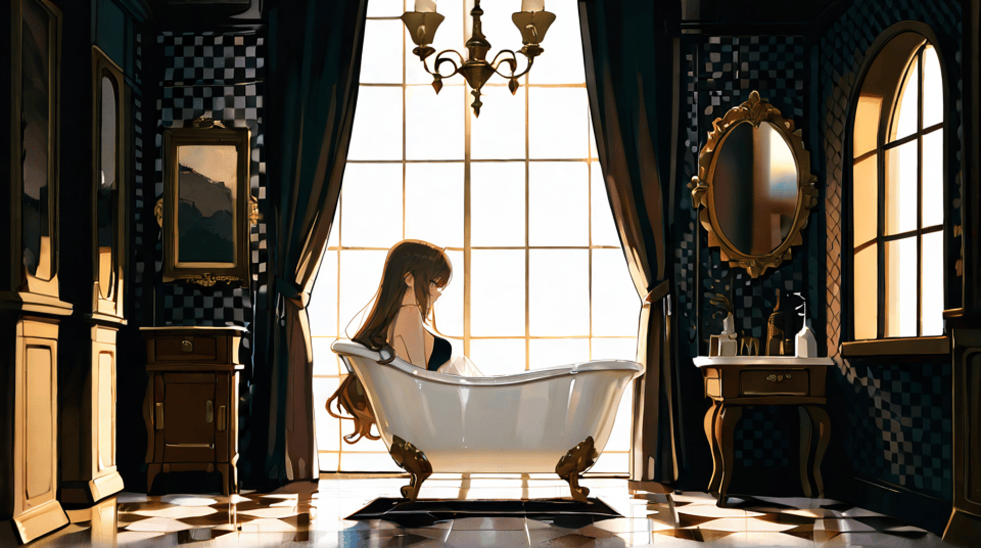 AI generated wallpaper featuring woman, bathtub, bathroom