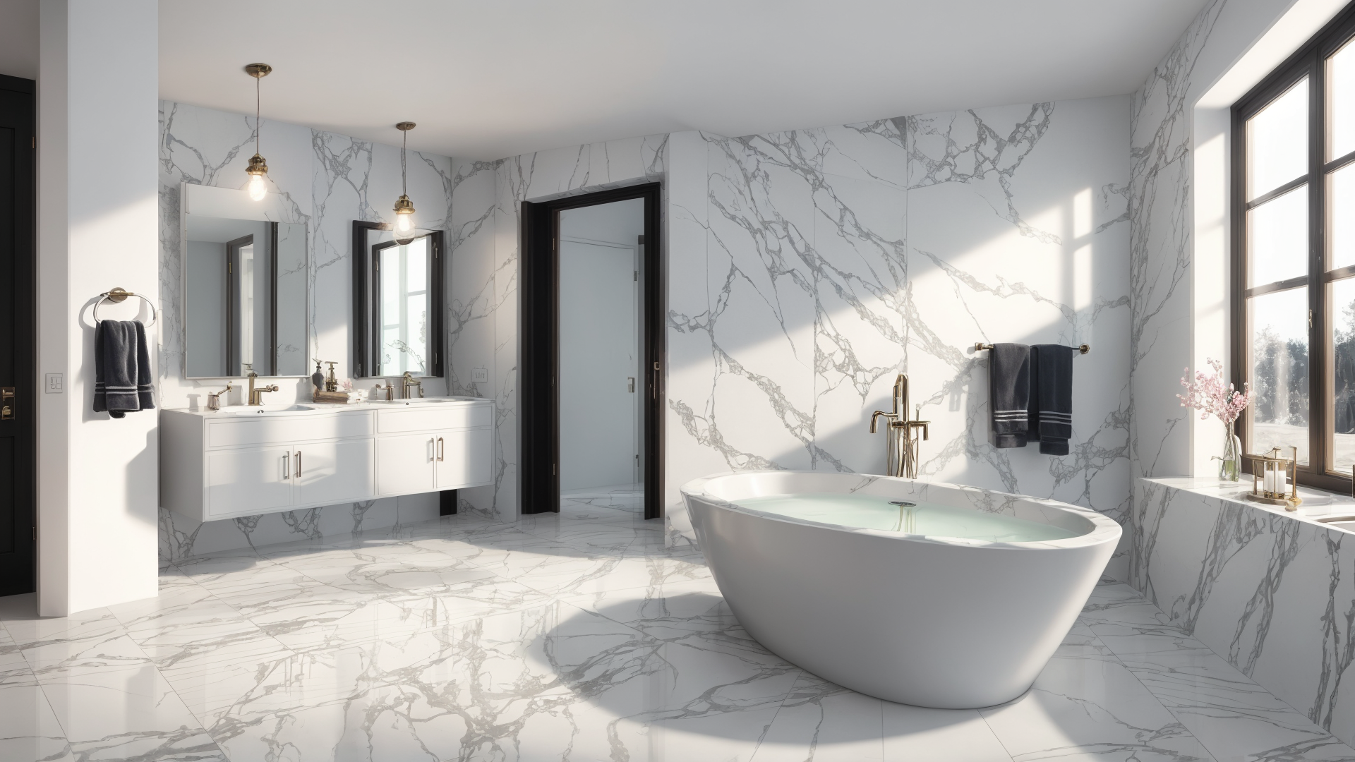 AI generated wallpaper featuring bathroom, bathtub, marble