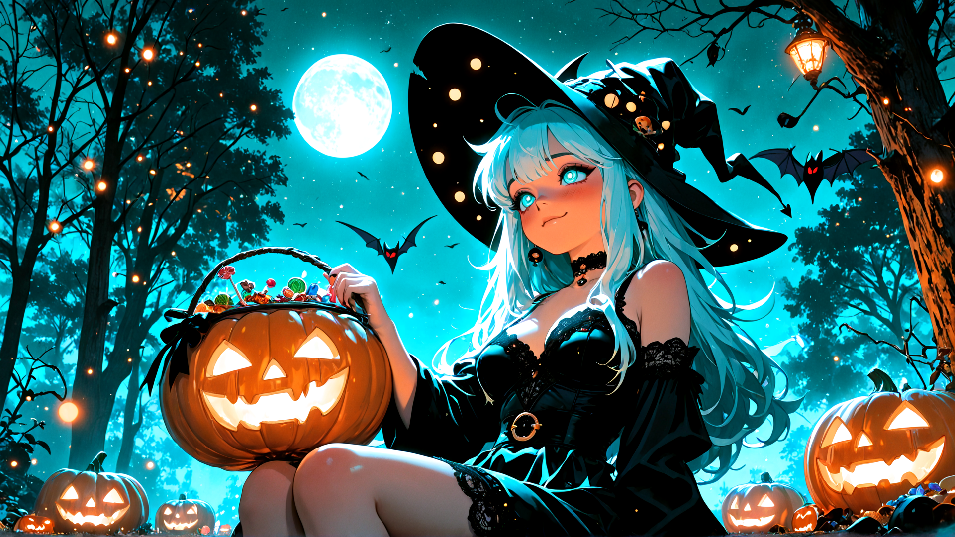 AI generated wallpaper featuring witch, pumpkin, trees, moon, bats, lantern, candy, girl, halloween, forest