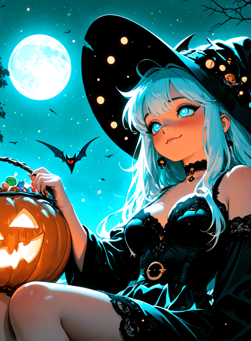 witch, pumpkin, trees, moon, bats, lantern, candy, girl, halloween, forest