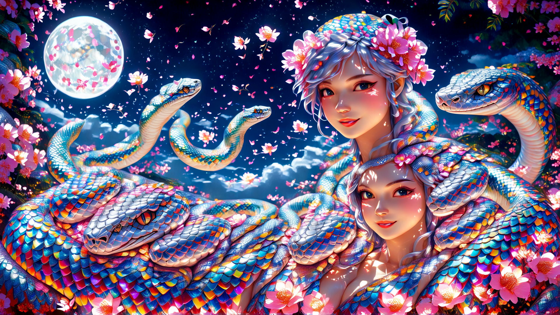 AI generated wallpaper featuring snake, woman, flower, moon, scales, cherry blossom