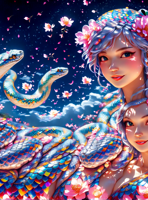 snake, woman, flower, moon, scales, cherry blossom