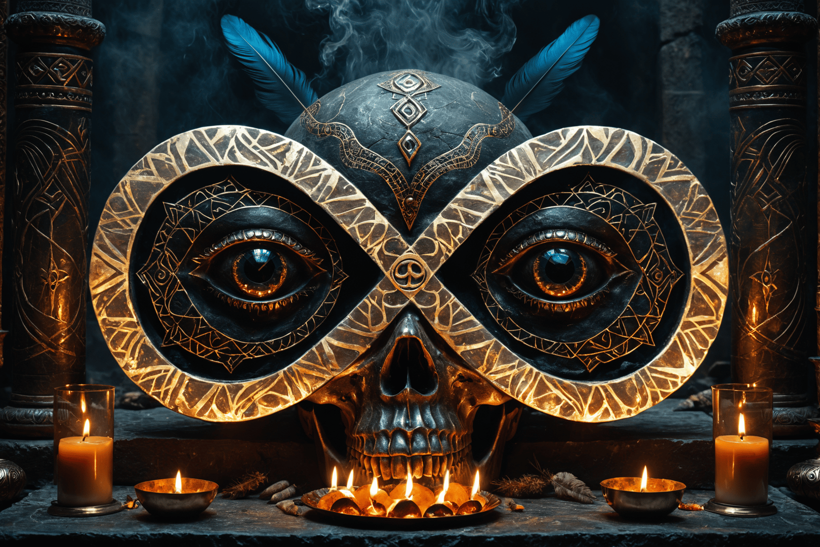 AI generated wallpaper featuring skull, owl, candles