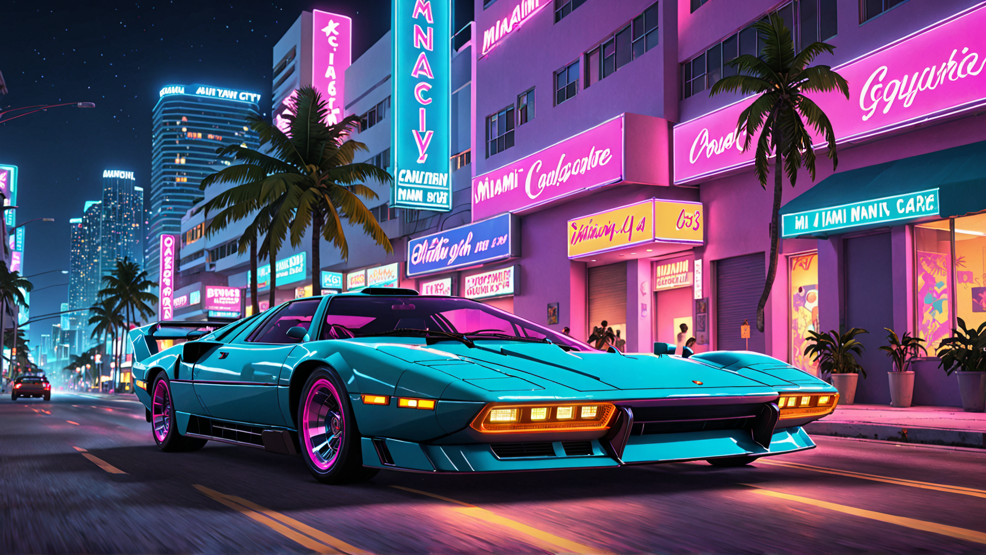AI generated wallpaper featuring car, city, neon